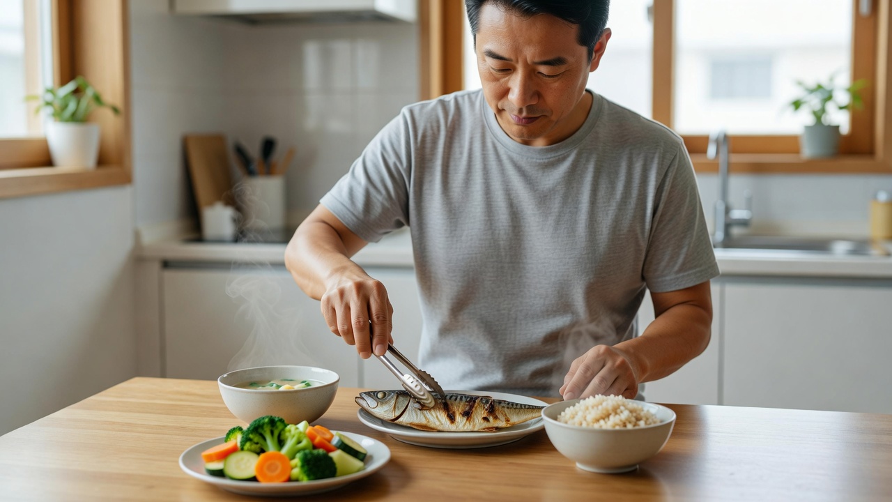 아저씨 다이어트에 맞는 균형 잡힌 식단 준비 장면