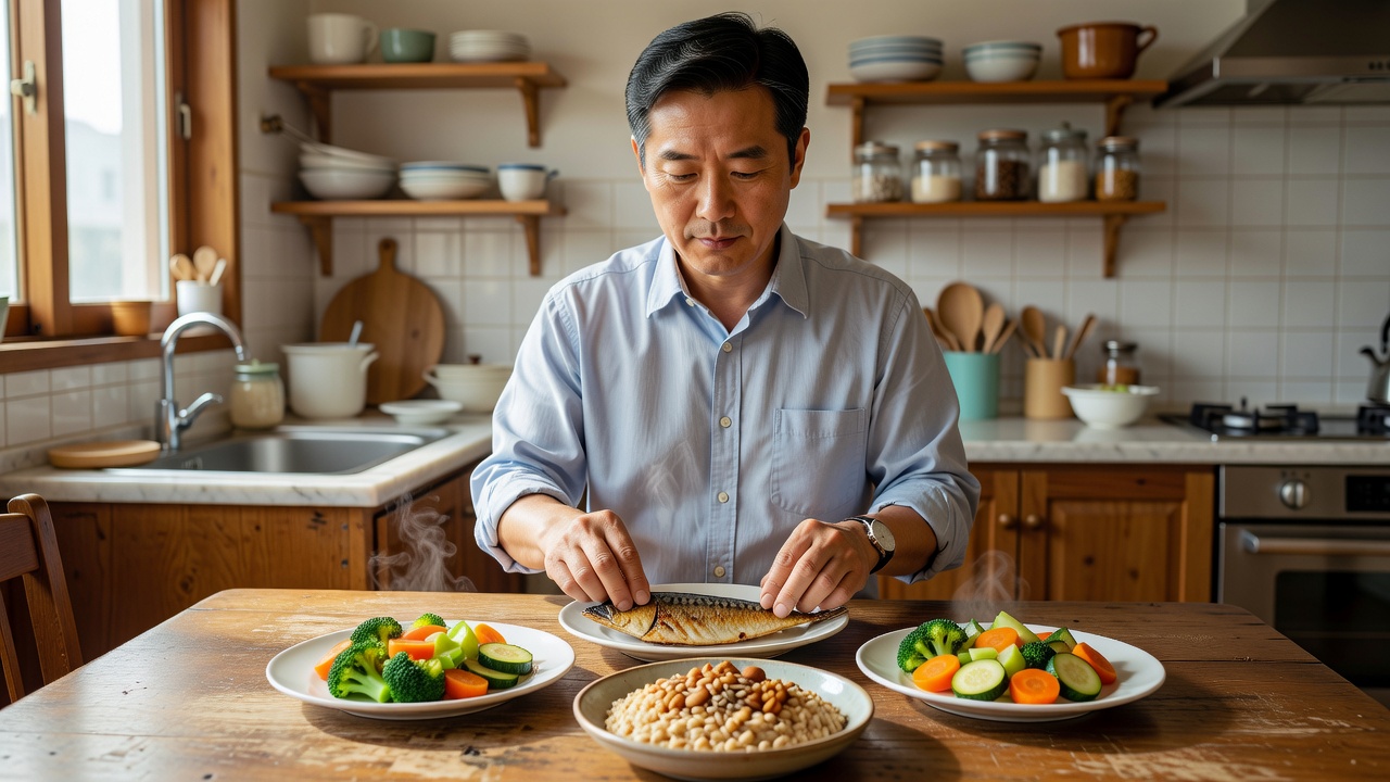 콜레스테롤 낮추기 중년 식사 준비하는 중년 남성 모습