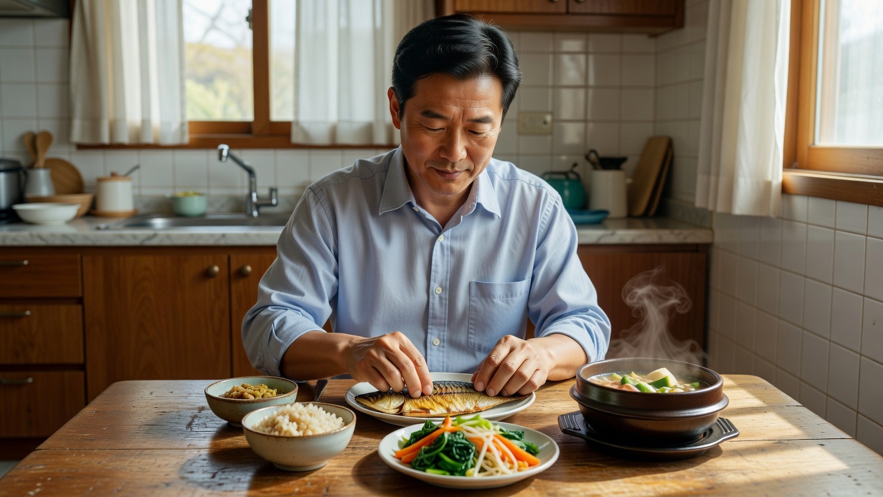 아저씨 다이어트 식단 계획을 보여주는 건강한 식사 장면